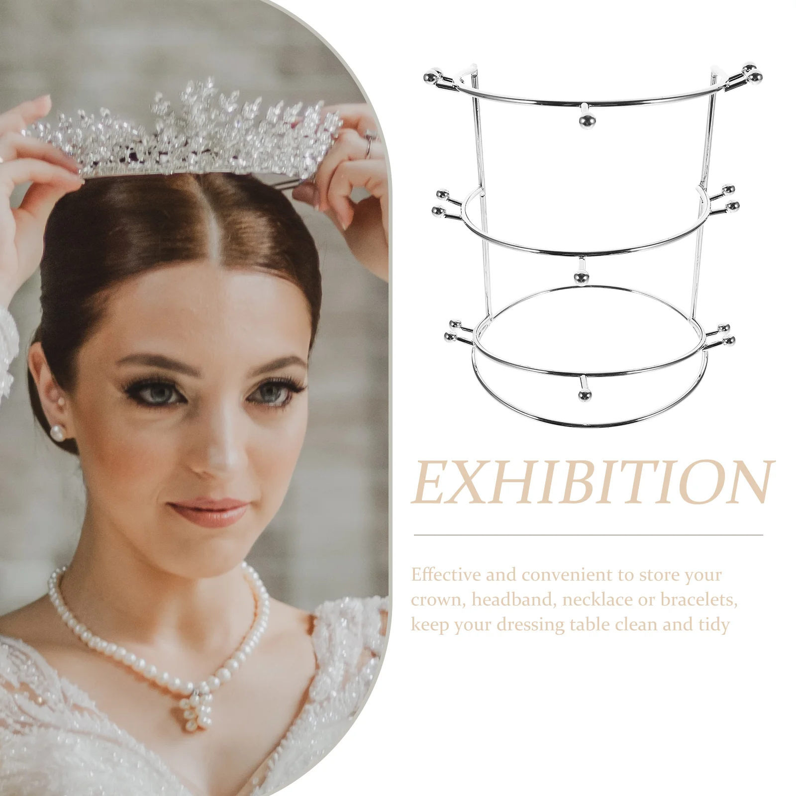 Triple Tier Gold Plated Bridal Tiara Headband Crown Display Stand Headpiece for Home Shelf Matcha Tea Bride Storage Holder Rack