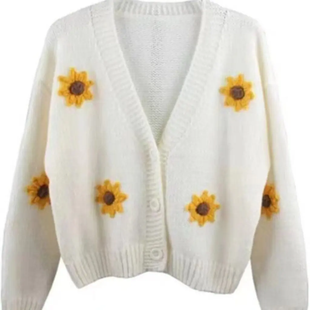 

Women's Handmade Embroidered Cardigan Jacket Heavy Industry Knitted Sweater Sunflower Design for Autumn Winter