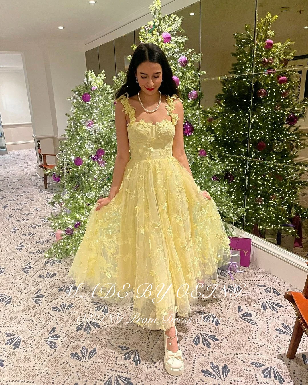 OEING Pastrol Yellow Prom Dresses Fairy Spaghetti Strap 3D Butterfly Tea Length Party Dress For Women Lace Up Back Evening Gowns