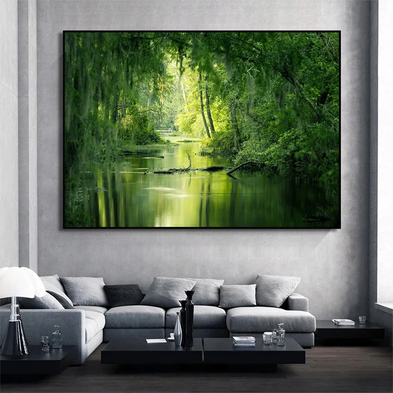 Nature Scenery Green Trees Forest Bamboo Waterfall Landscape Canvas Painting Poster Print Wall Art for Living Room Home Decor