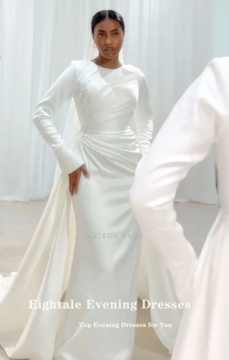 Eightale 아랍어 웨딩 드레스 페르시 진주 오-넥 맞춤형 새틴 화이트 아이보리 긴 소매 이슬람 신부 가운 Robe De Mariée