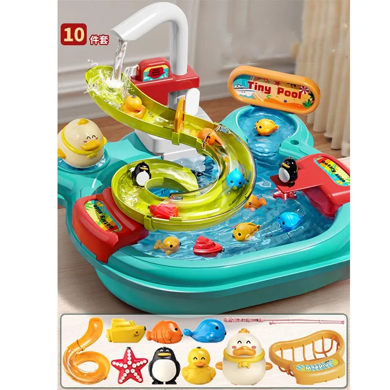 Children\'s Electric Pretend Play Toys Dishwashing Basin Toys Gift Kitchen Interactive Toys 2-in-1 Slide Fishing Montessori Toys