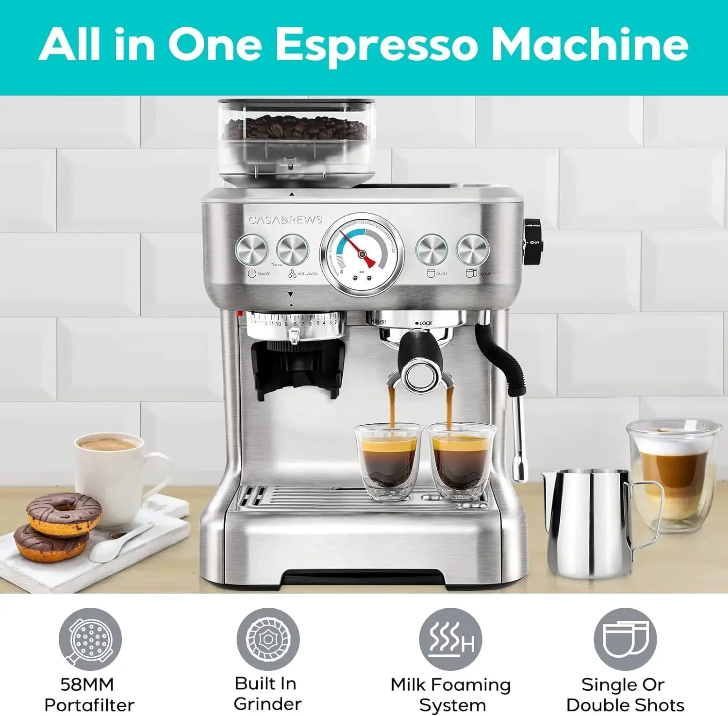 Casabrews Espresso Machine Grinder, Professional Espresso Maker With Milk Frother Steam Wand, Barista Latte Machine With