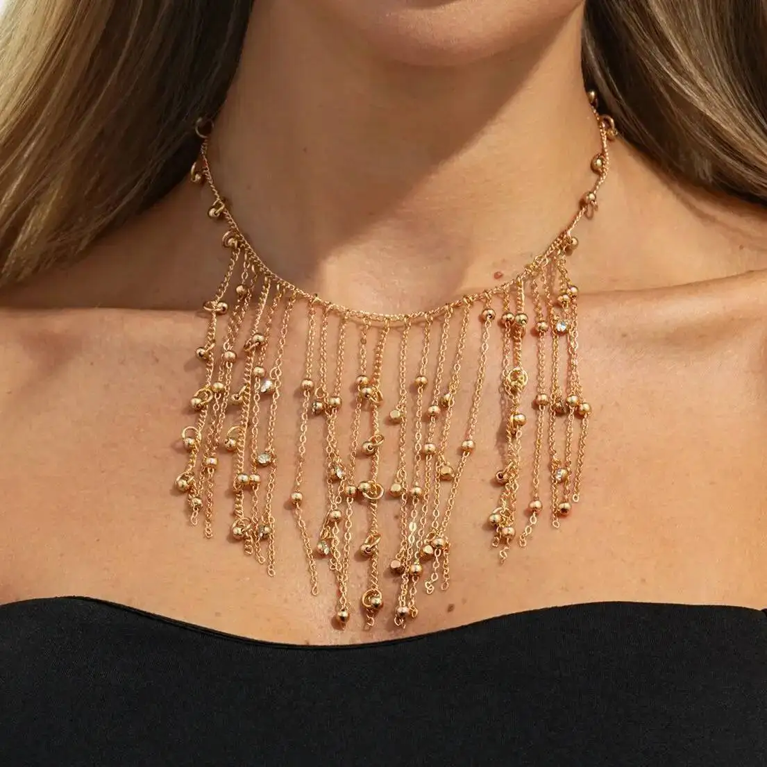 Ingemark Trendige Perlen-Quasten-Kette Halskette für Damen Vintage Verstellbare Goldfarben Choker-Halskette Party-Schmuck Hals-Accessoires
