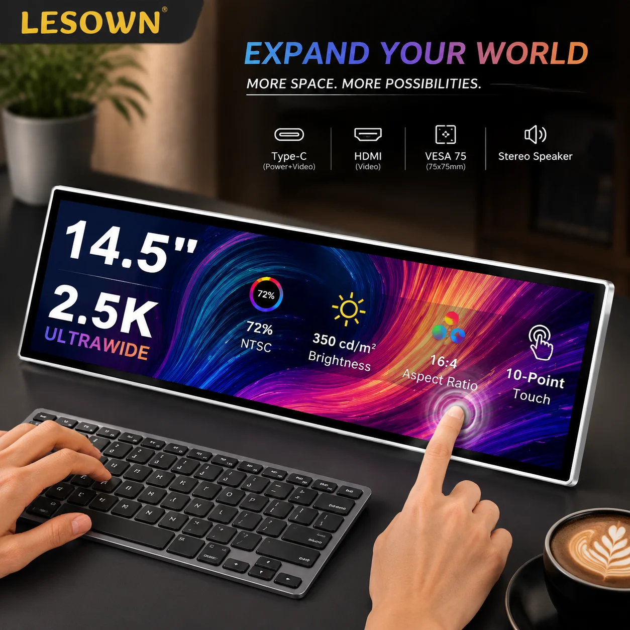 14.5 Inch 2.5K 2560x720 Touchscreen Portable Monitor 32:9 Ultrawide IPS Type-C HDTV VESA 75mm for Laptop PC