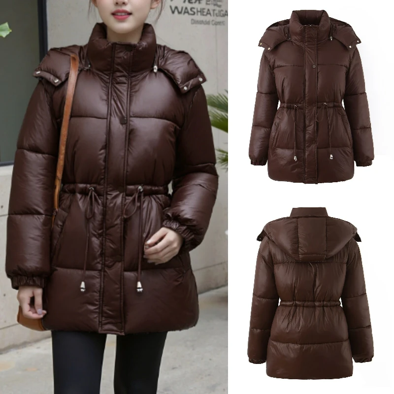 

2025 Fall/Winter New Fashionable Elegant Advanced Brown European and American Mid-Long Hooded Zipper Drawstring Warm Cotton Coat
