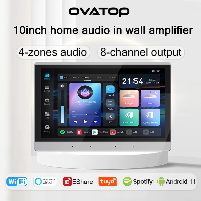 X10 Inch Adroid11 4+32G Tuya smart 4 zone Built-in Class-D Amplifier 8X30W  Alexa Home Audio Bluetooth WIFI  In Wall Amplifier