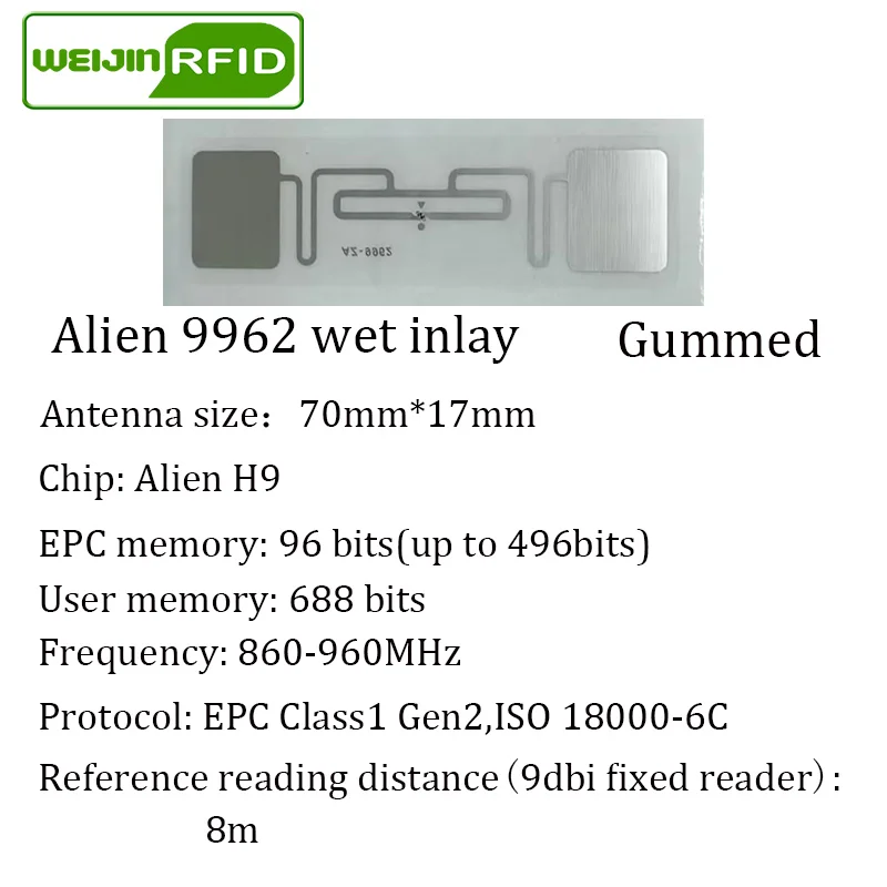 UHF RFID-метка наклейка Alien 9962 влажная инкрустация 915mhz868mhz 860-960MHZ Higgs9 EPC 6C 20 шт. Бесплатная доставка клейкая Пассивная RFID-метка