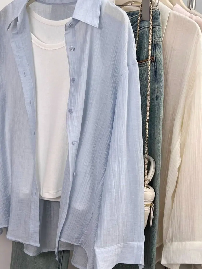 

Синяя защита от солнца, шелковая текстура irt, женская летняя легкая дрейфующая повседневная длинная куртка Sve irt с воротником свободного покроя