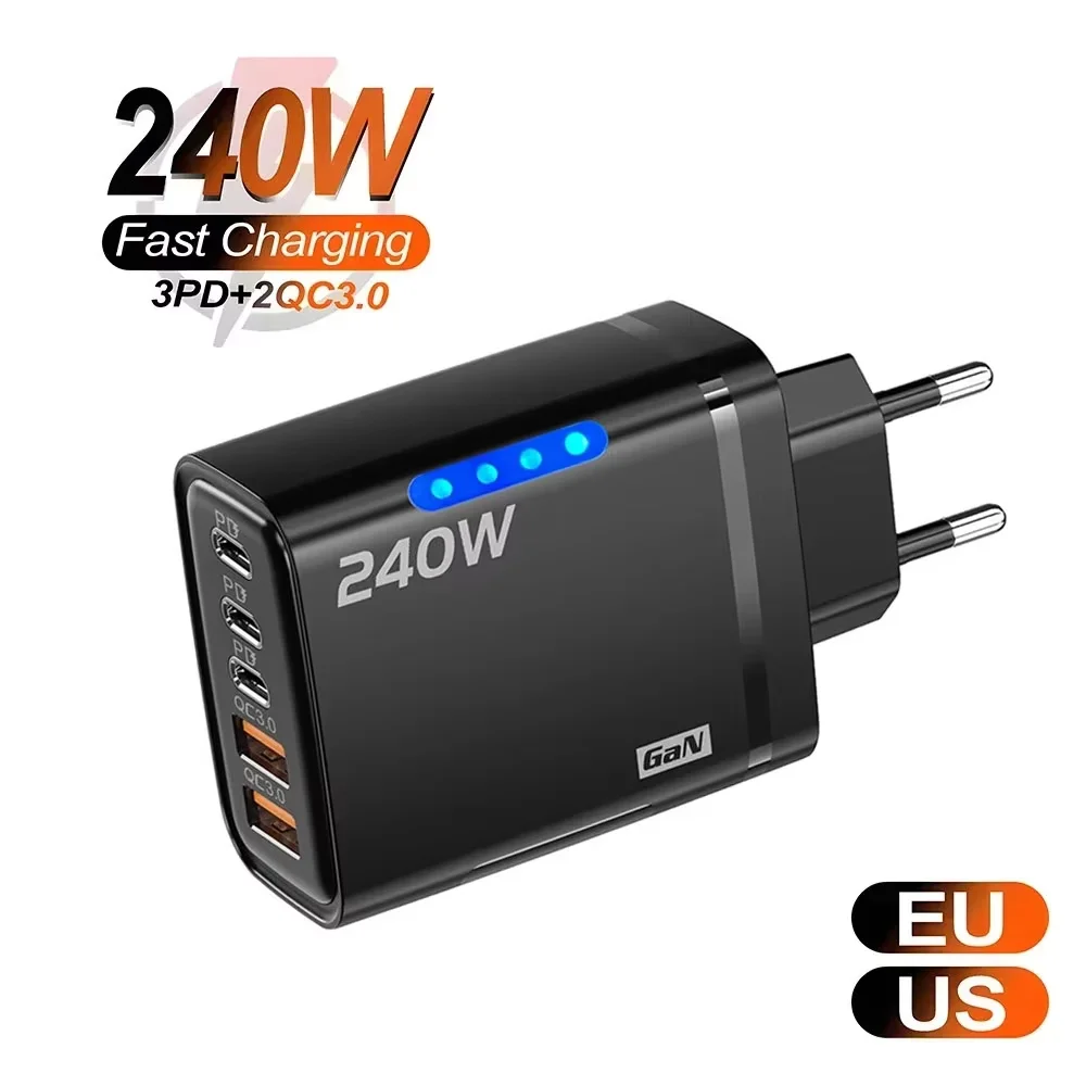 240W GaN 5-in-1 Schnell-Ladegerät USB-C Ladegerät Netzteil Typ C EU/US-Stecker Wandladegerät für iPhone Samsung Xiaomi