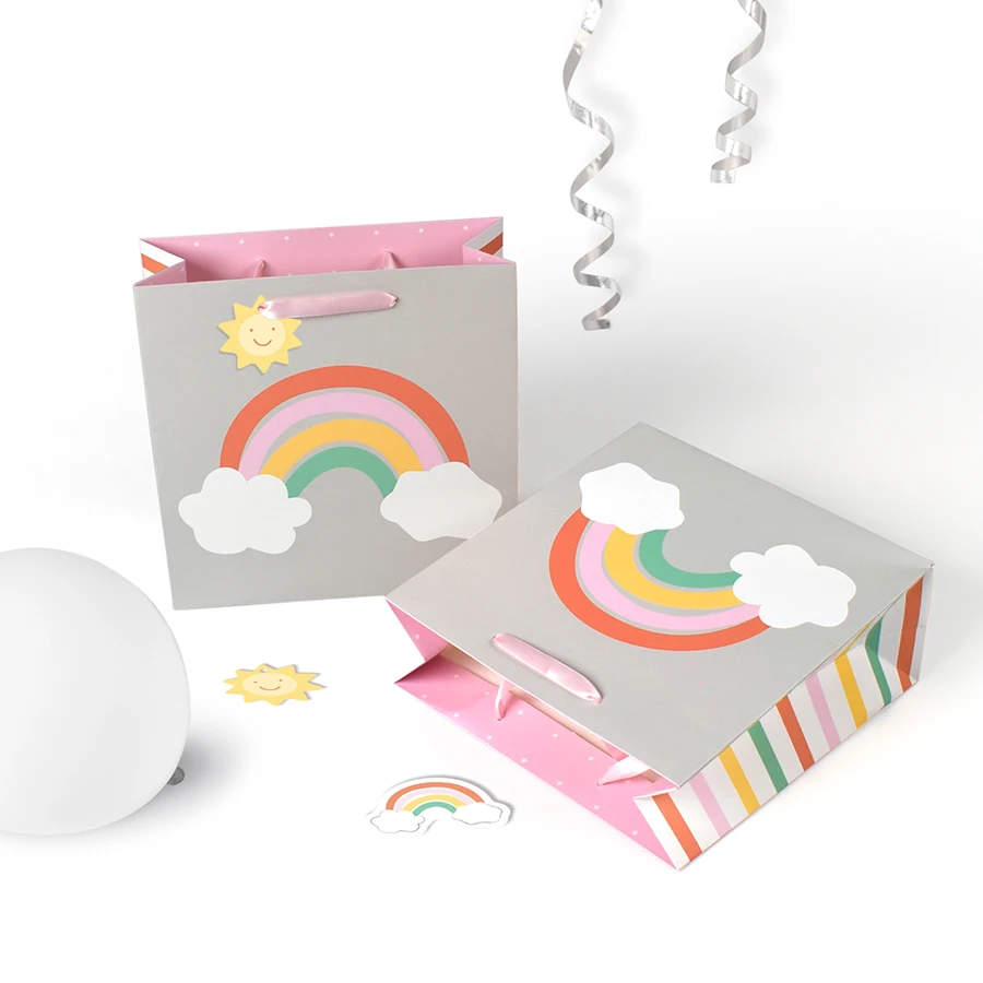 Cute cartoon clouds rainbow thickened white card gift tote bag spot, color printed square paper tote bag