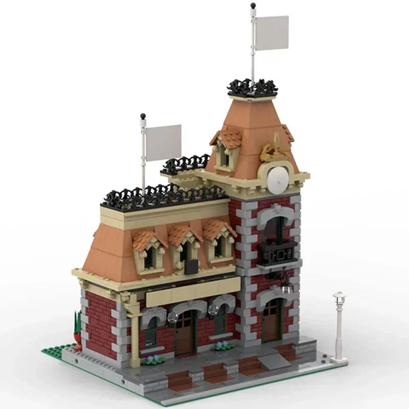 Moc Building Blocks Modular Street View สถานีรถไฟการวิเคราะห์อิฐ DIY ประกอบของเล่นก่อสร้างสําหรับวันหยุดเด็กของขวัญ