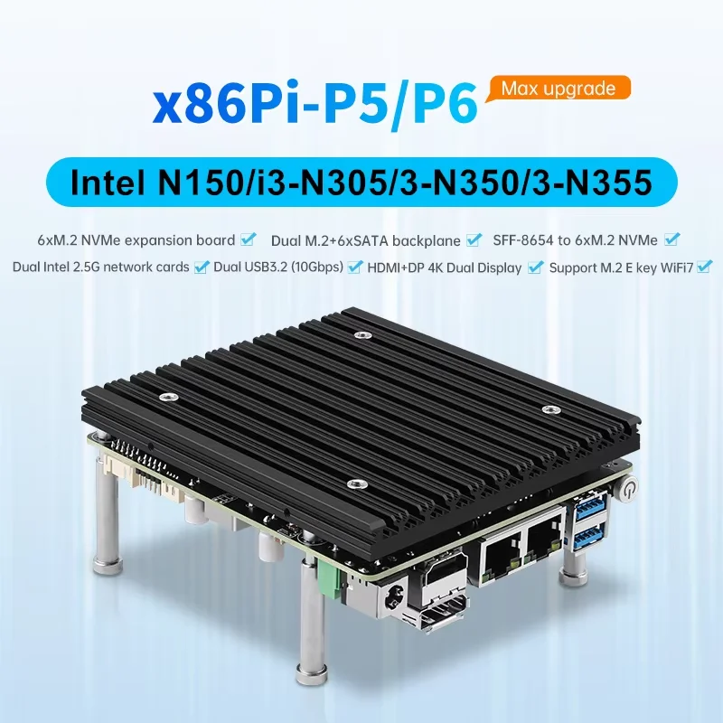 X86-P5 Intel i3-N355 N350 N150 DIY NAS Motherboad Max 7*M.2 NVME or 6*SATA Kit DDR5 2x i226-V 2.5G LAN HDMI+DP Firewall Mini PC