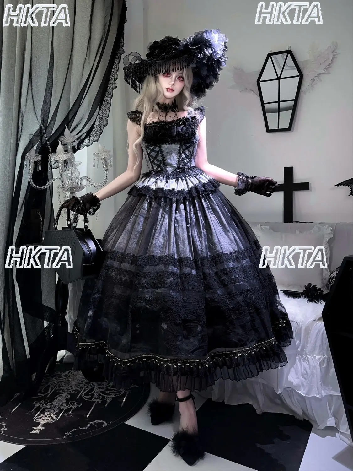 لوليتا فستان الأميرة الحلوة أنيقة الظلام تحلق كم الدانتيل خياطة الأشرطة رمادي أزرق طويل الحمالات سترة تنورة علوية مجموعة النساء