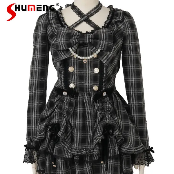 

Japanese Mines Style Mass-Produced Liz Dresses Sets Cross Strap Bow Lace Plaid Long Sleeve Dress Shorts Two-Piece Set for Women