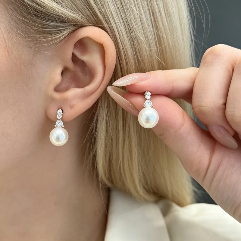 Shiny Triple Zircon White Pearl Silver Drop Earrings Hypoallergenic Ear Jewelry Women Stackable Bridal Minimal Fine Jewelry Gift