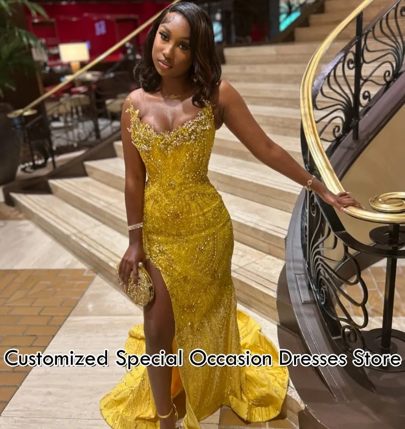 Robe de soirée scintillante à paillettes, style sirène, fendue, Sexy, sans bretelles, perlée, robes de soirée de mariage pour femmes, personnalisées, 2026