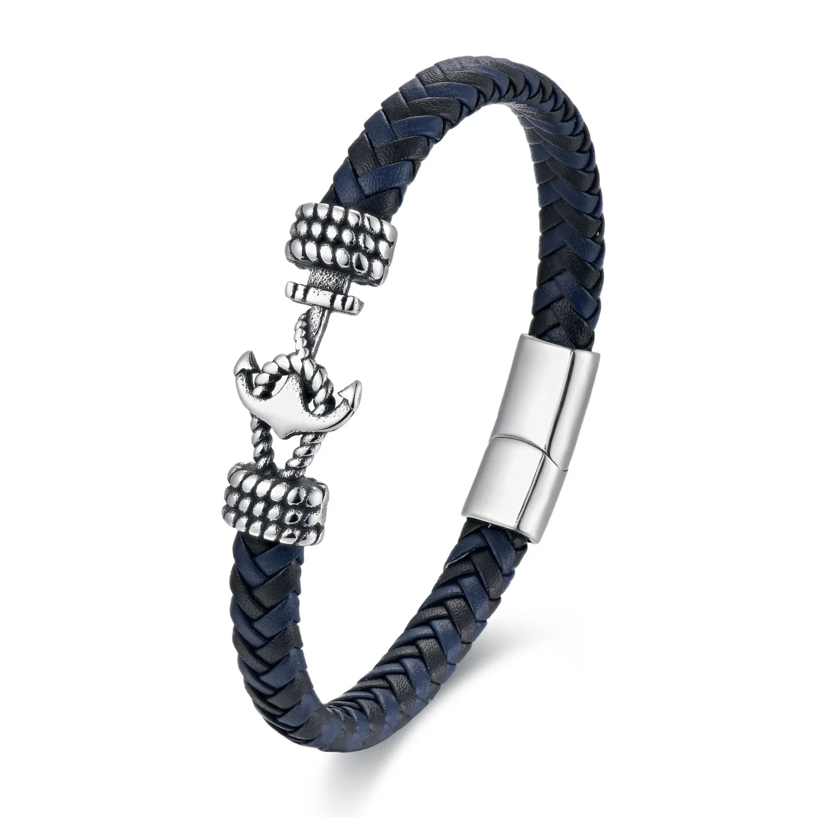 Men's 8mm Woven Genuine Leather Bracelet with Stainless Steel Boat Anchor Knitted Blue/Black Accessory for Wrist