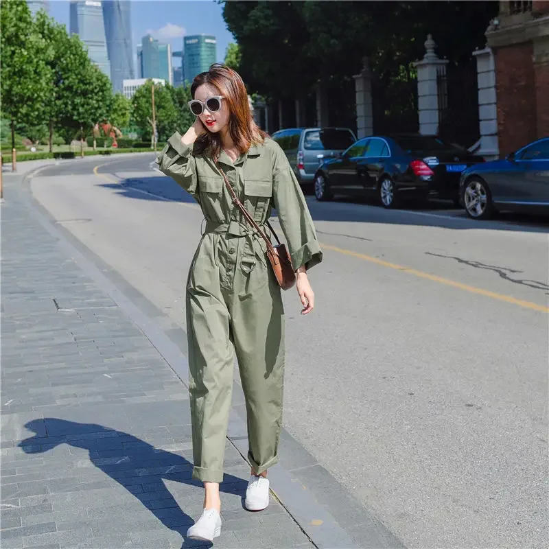 Spring and Fall New Lapel Single-breasted Loose High-waisted Jumpsuit Women Waist Slimming Cargo Jumpsuit