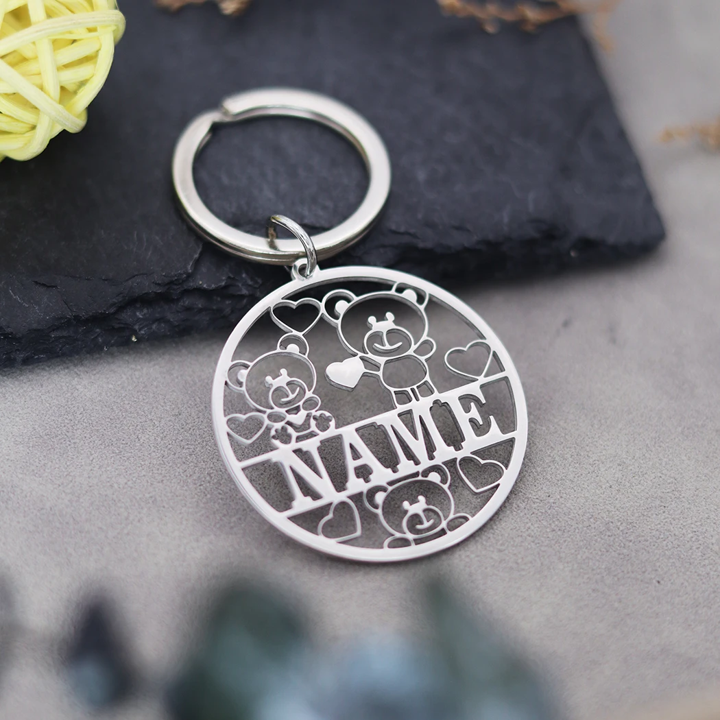 Custom Name Cute Little Bear Love Keychain Personalized Stainless Steel Pendant Keychains Customized Animal Nameplate Keyring