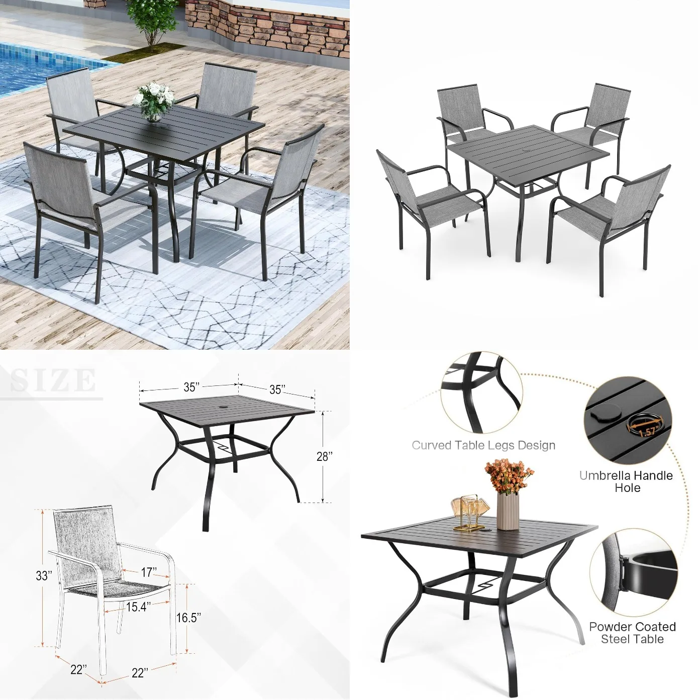 

5pc Patio Dining Set Square Table Stackable Chairs Garden Backyard Steel Frame Grey, Customized
