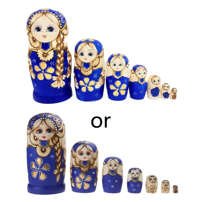 7pcs Blue Russian Nesting Dolls Wooden Matryoshka for Children Kids Gift Dropship