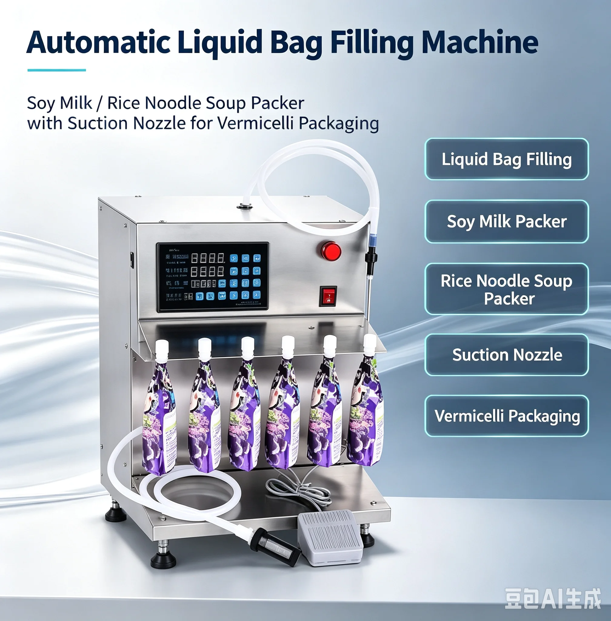 Automatic Liquid Bag Filling Machine, Soy Milk / Rice Noodle Soup Packer with Suction Nozzle for Vermicelli Packaging