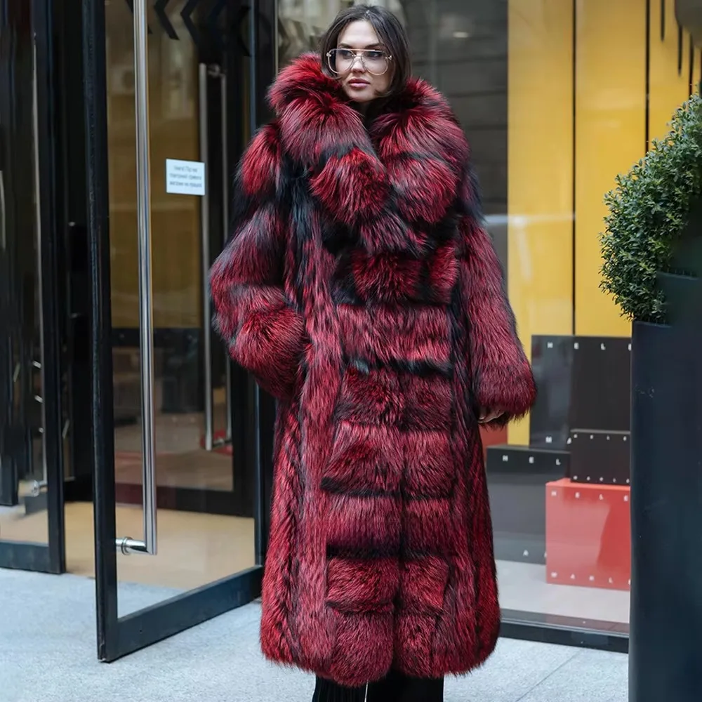BFFUR Women’s Real Fur Coat Luxury Burgundy Black Long Fur Jacket Oversized Collar Warm Winter Fashion Outerwear