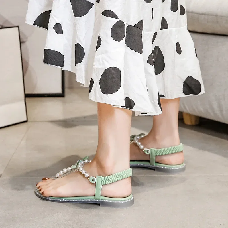 

Clip Toe Gladiator Sandals Women Fairy String Bead Flip Flops Summer Shoes Flat Crystal Pearl Bow-knot Ladies Sandals Plus Size
