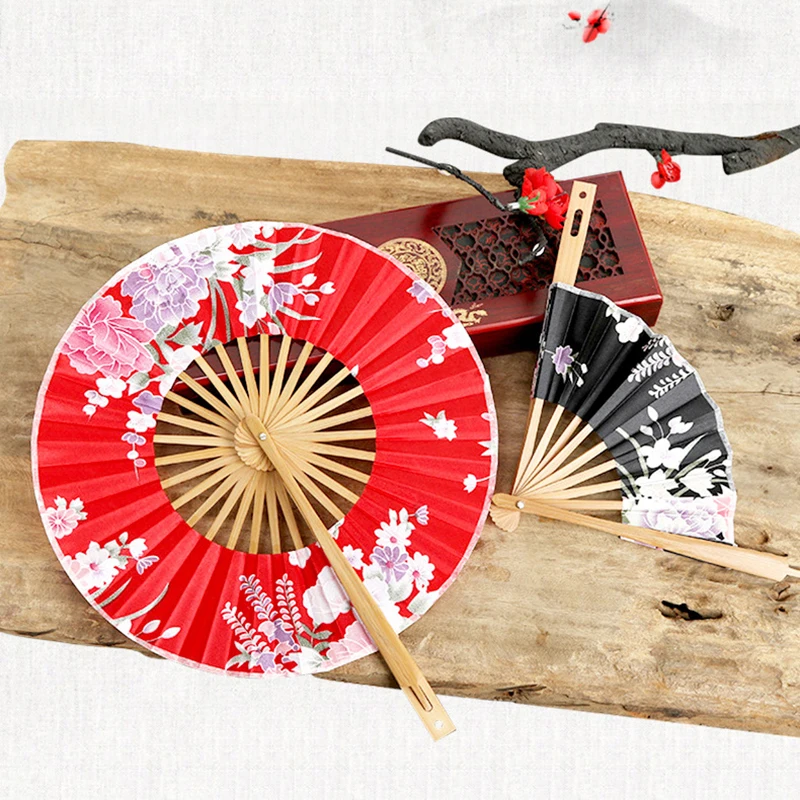【S】Round Bamboo Hand Fan Chinese Style Pattern Portable Folding Fan With Tassel Handheld Wedding Dance Fan Party Decor