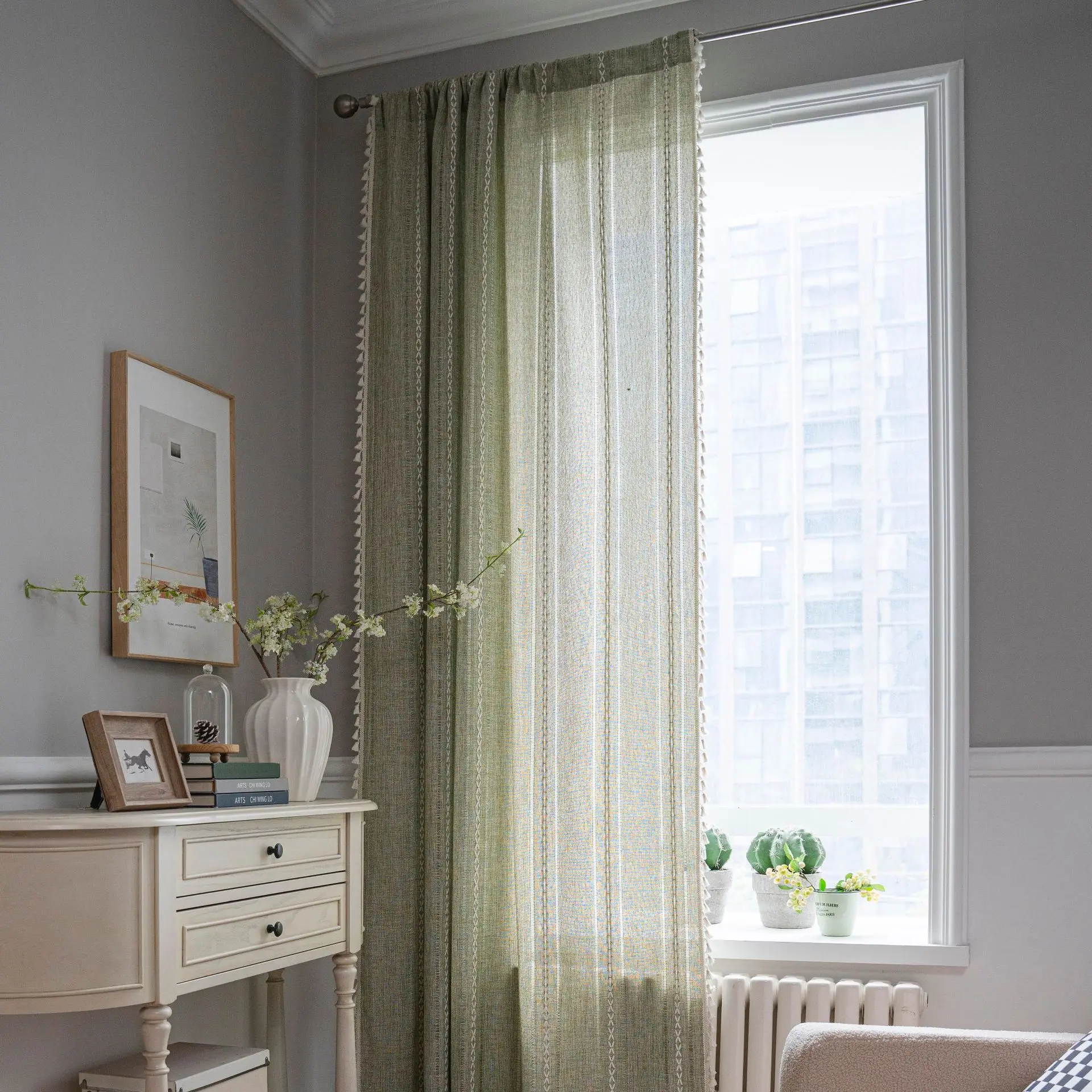 Cotton Linen Blending Curtains Road Pocket Shade Curtain Tassel for Kitchen Bedroom Living Room Bay Window Cabinet Curtain