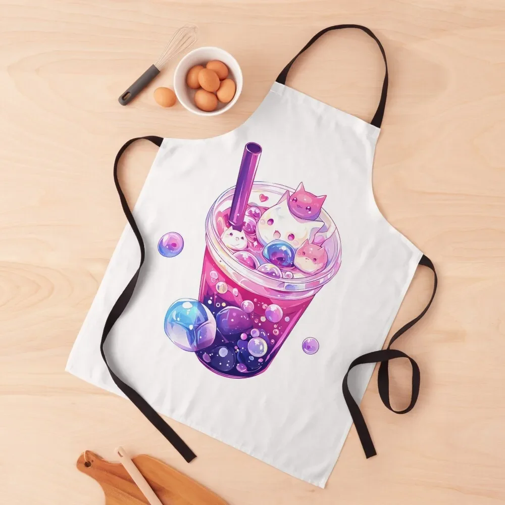 

Mochi Cats Galaxy Bubble Tea Apron For Nail Stylist Kitchen Kawaii Accessories Chef Accessory barber uniform Apron