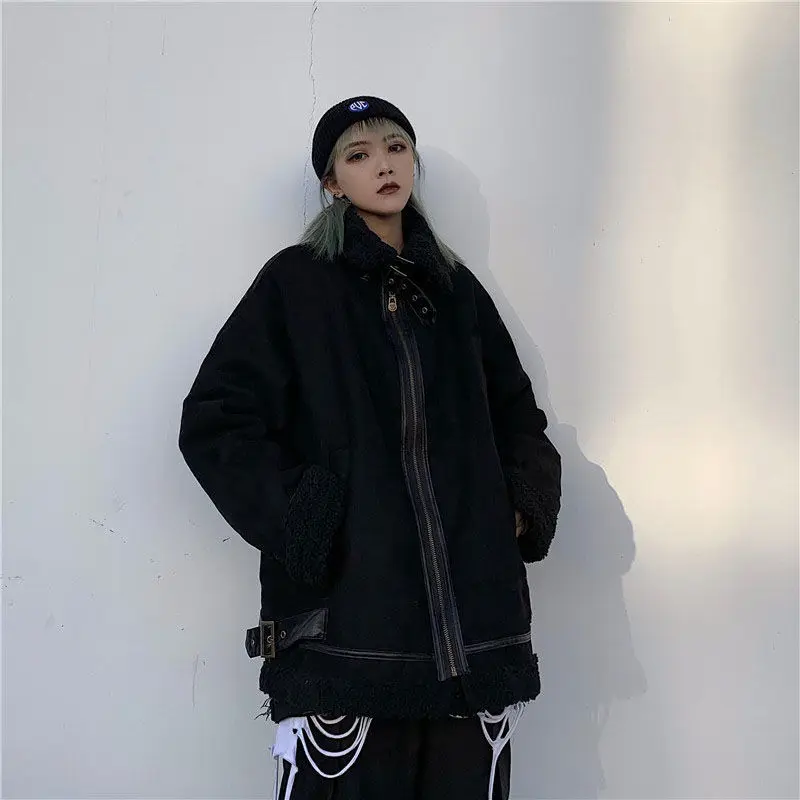 Winter Parkas Women Gothic Punk Warm BF Style Pockets Female Retro Streetwear Harajuku Chic Student Cargo Clothes Fashion Black