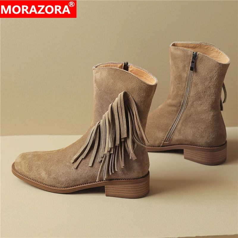 

MORAZORA Size 34-42 New Cow Suede Ankle Boots Square Heels Tassel Zipper Handmade Retro Fashion Boots Ladies Shoes