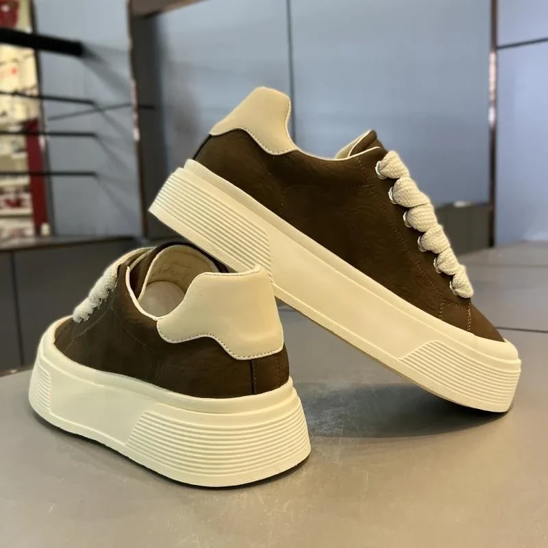Men's Summer Fashionable All-Match Casual White Board Shoes Leather Surface Waterproof Non-Slip Sports Thick Bottom Heighteni...