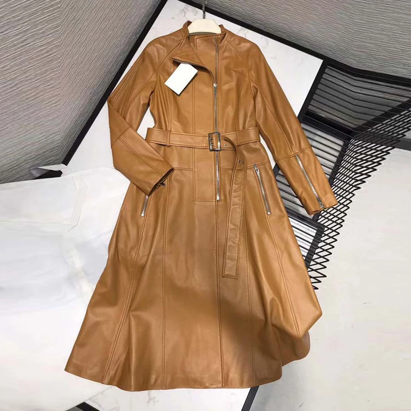 Julypalette Spring Ladies Long Genuine Sheepskin Leather Windbreak with Belt Fashion Women O-neck Zipper Lambskin Trench Coats