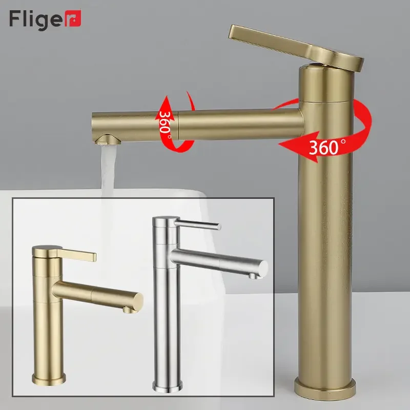 Fliger Gold Bathroom Sink Faucet Tall Basin Faucet Bathroom Faucet Countertop Sink Faucet Hot Cold 360° Rotating Mixer Crane