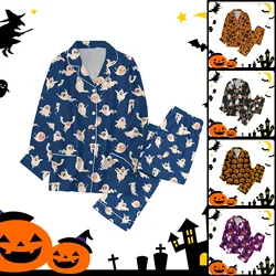 Women Halloween print Pajama For Family Pajamas Matching Set Holiday Pajamas Women's Classic Button Down Long pocket Pajamas