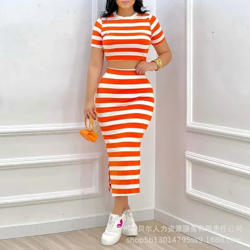 Striped Dress Sets Women 2025 Two Piece Set Summer Crop Top Print Drawsting Split Skirt Set Tops Beach Hip Wrap Matching Sets