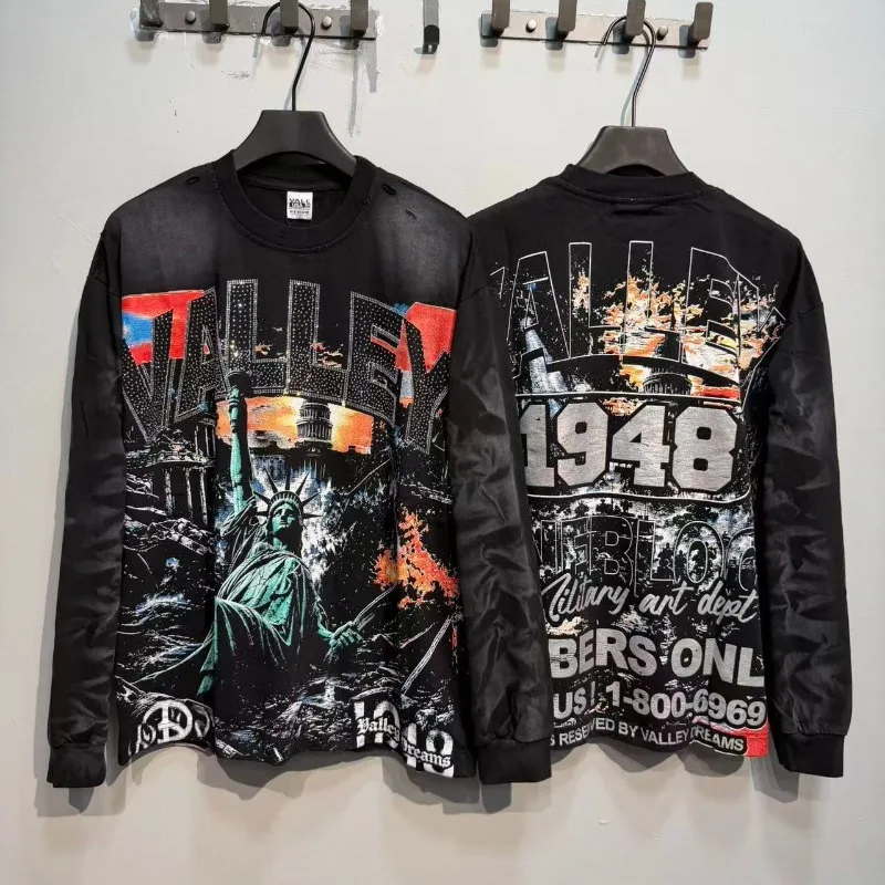 VALLEY Light Luxury Spray Monkey Wash Distressed Rhinestone Ripped INS Commuter Long Sleeve T-Shirt Casual Unisex Top
