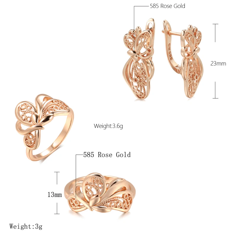 Kinel Lucky Hollow Flowers Earrings Rings 585 Rose Gold Ethnic Bride Wedding Jewelry Sets Fashion 2022 Women Party Usual Ring