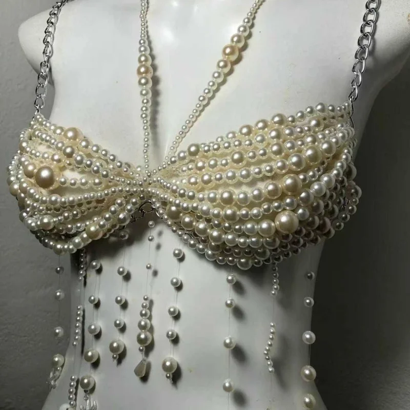 Damen-Body-Kette mit Kunstperlen, Seestern- und Muscheldesign, Quasten, handgefertigtes, mit Perlen besetztes Oberteil, verstellbare Rückenkette, Körperschmuck für den Strand – Detail 2