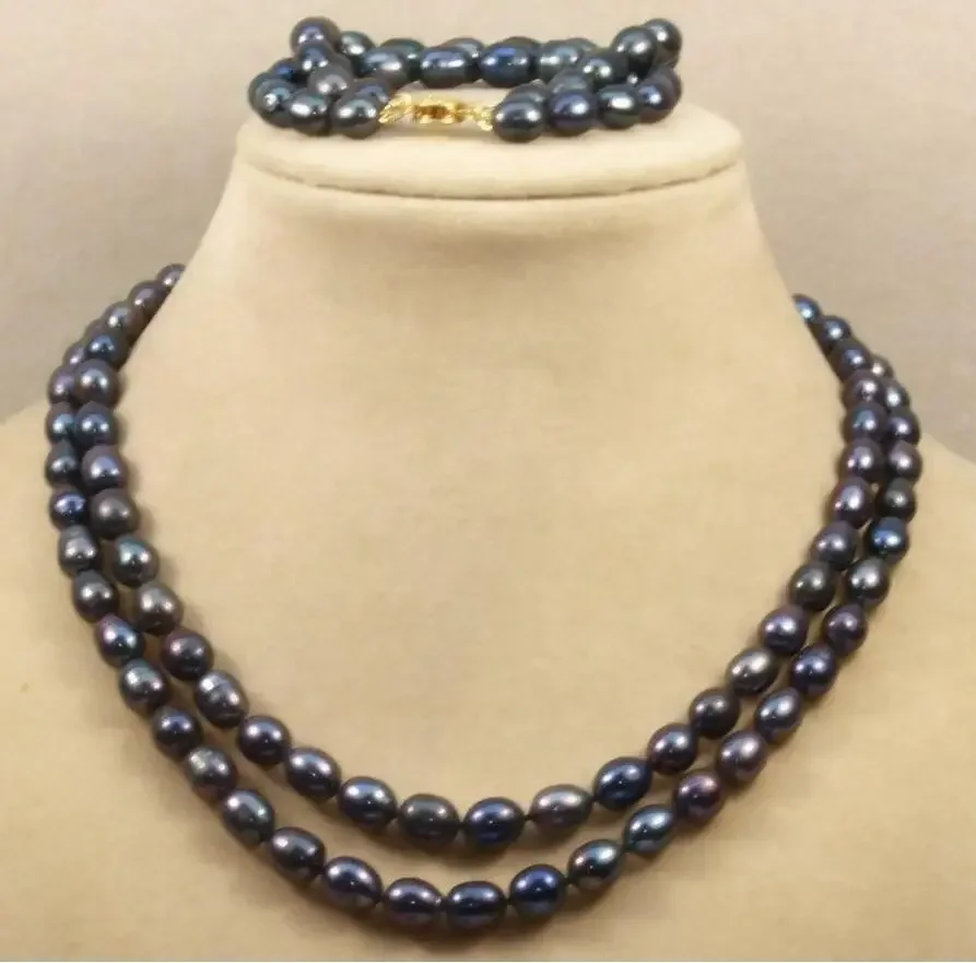 

Fashion jewelry 2 row 8-9mm genuine black fresh water oval pearl necklace bracelets 18-19"/7.5"