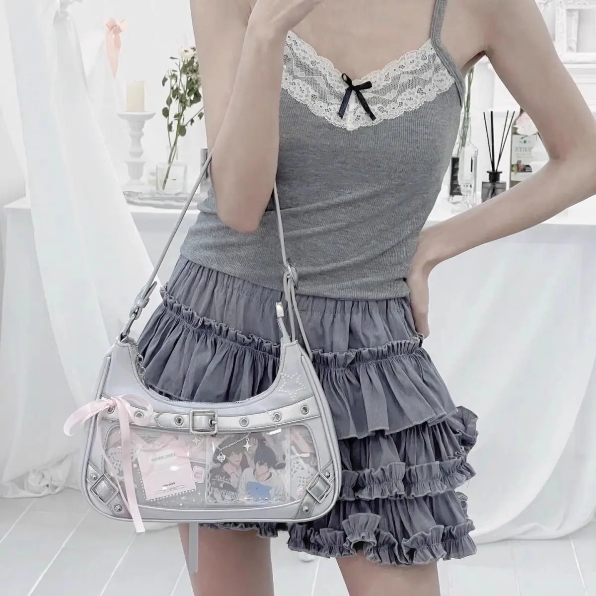 

2025 New Student Daily Shoulder Ita Bag Fashion Bow Bandage One Shoulder Transparent Crossbody Display Bags