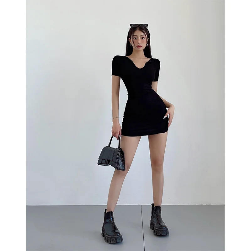 WOMENGAGA Sexy Spicy Girl V-Neck Tight Slim Hip T Shirt Mini Dress Women Summer Thin High Waist Short Fashion Korean Women SC1F