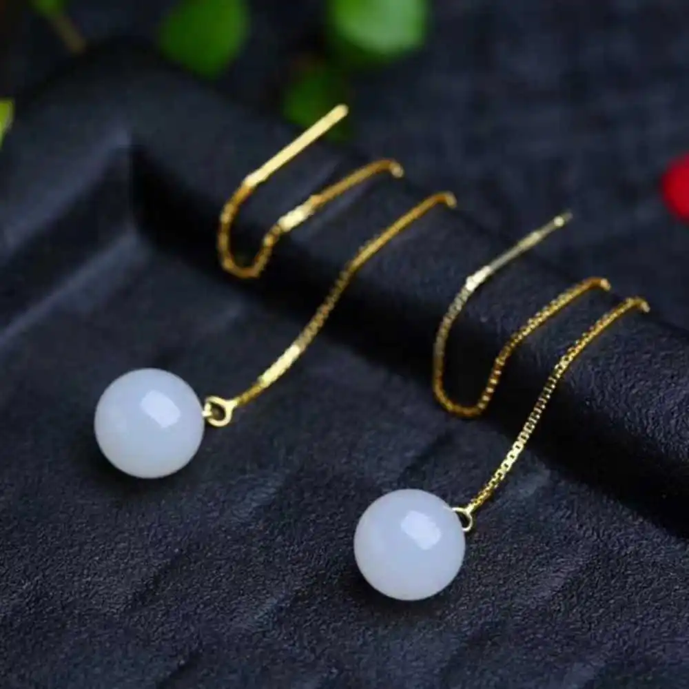 

10MM Natural White agate jade Earrings 18k Ear line Eardrop Cultured Gift Ear stud Holiday gifts Classic Diy