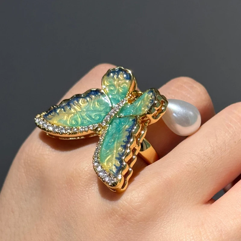 

14mm Drop Pearl Crystal Rings Vintage Woman Butterfly Rhinestones Luxury Quality Jewelry Mother's Day Gift Wedding Accessories