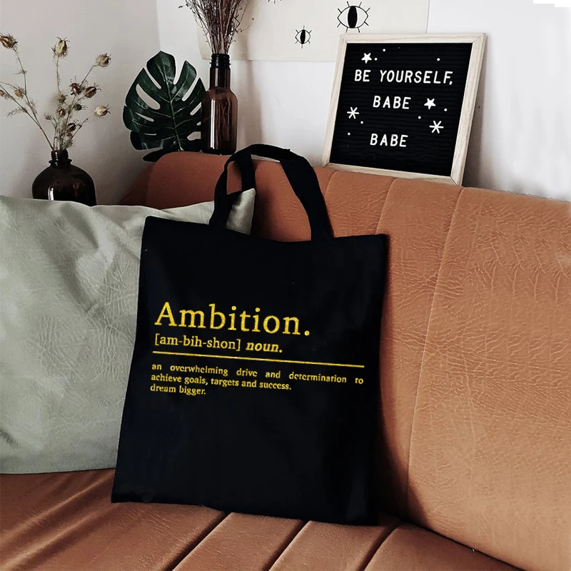 Ambition Definition Canvas Tote Bag Inspirational Quotes Prints Tote Bags Reusable Motivational Prints Letter Shopping Bags XL