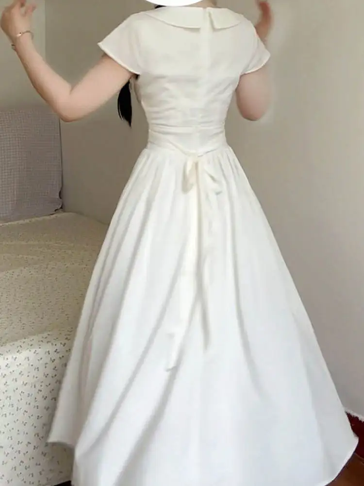 Vestido adeazante de corte en A con cuello Peter Pan, manga corta, estilo coreano para estudiantes, vestido midi entallado ...