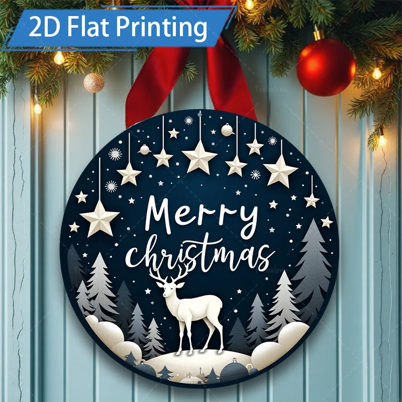 [2D FLAT] 1pc Metal Sign Christmas Deer Scene 2D Flat Print Metal Art Decor